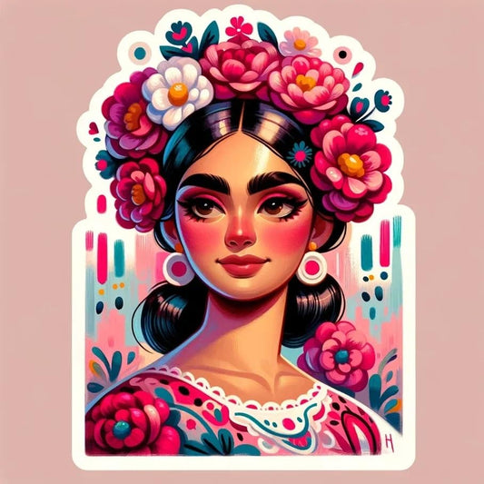 Vinyl sticker: Viva LA VIDA Beautiful Girl Flowers Lifestyle Sticker Frida Kahlo Inspired Multicolor Waterproof Easy Application Vinyl Decals in Diverse Shapes for Laptops Cars Bottles (4")