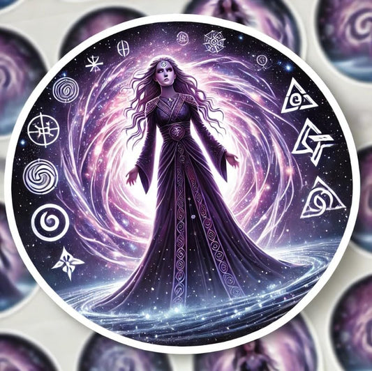 Vinyl sticker: Laptop Wall Car Window Bumper Sticker Decal Truck Waterproof Auto Water Bottle – Realistic Freyja Norse Goddess in Violet Robe by Portal of Light and Floating Runes
