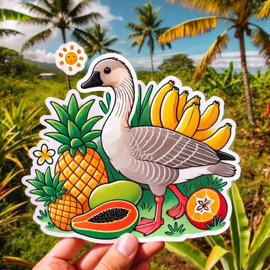 Vinyl sticker: Laptop Wall Car Window Bumper Sticker Decal Waterproof Truck Auto Water Bottle – Hawaiian Goose Nene in Tropical Fruit Grove with Pineapples, Bananas and Papayas