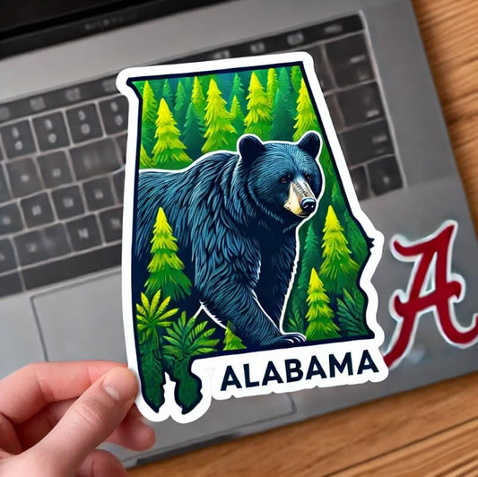Vinyl sticker: Alabama Black Bear Forest Wildlife Symbol Laptop Wall Car Window Bumper Sticker Decal Waterproof Auto Water Bottle Scenic Nature Design
