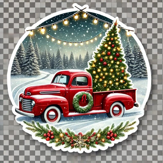 Vinyl sticker: Christmas Vintage Red Truck with Snowy Tree Laptop Wall Car Window Bumper Sticker Decal for Truck Waterproof Auto and Water Bottle (6)