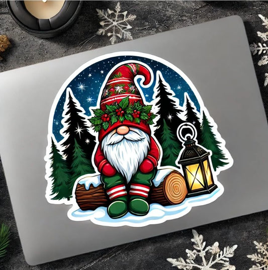 Vinyl sticker: Woodland Christmas Gnome Sticker for Laptop, Wall, Car, Window, Bumper, Waterproof Decal for Trucks, Water Bottles, and Holiday Decorations