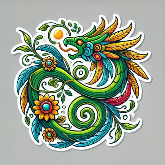 Vinyl sticker: Aztec Quetzalcoatl Nature Vinyl Decal - Feathered Serpent Twisting Through Vines and Flowers - Organic Sticker for Wall, Car, Window, Bumper, Laptops
