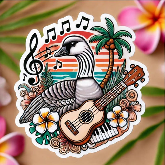 Vinyl sticker: Laptop Wall Car Window Bumper Sticker Decal Waterproof Truck Auto Water Bottle – Hawaiian Goose Nene Sitting on Ukulele with Flowers and Musical Notes Island Life Art