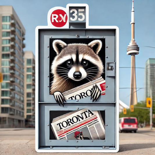 Vinyl sticker: Laptop Wall Car Window Bumper Sticker Decal Truck Waterproof Auto Water Bottle Toronto Trash Panda Realistic Raccoon Inside Newspaper Box Peeking Out with CN Tower View