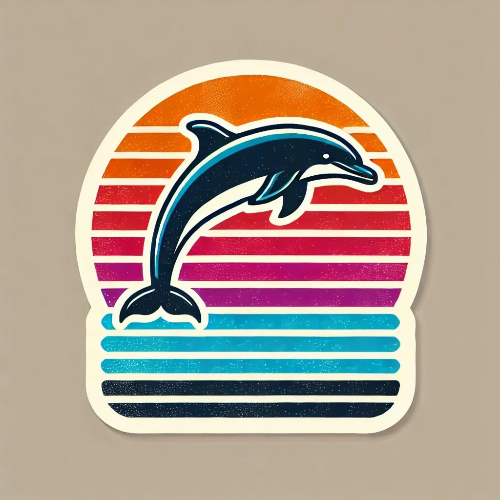 Vinyl sticker: Laptop Wall Car Window Bumper Sticker Decal Truck Waterproof Auto Water Bottle – Retro Dolphin Silhouette Jumping Over Sunset Stripes in Vintage Beach Style Aesthetic