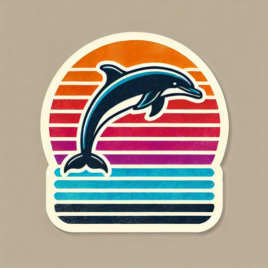 Vinyl sticker: Laptop Wall Car Window Bumper Sticker Decal Truck Waterproof Auto Water Bottle – Retro Dolphin Silhouette Jumping Over Sunset Stripes in Vintage Beach Style Aesthetic