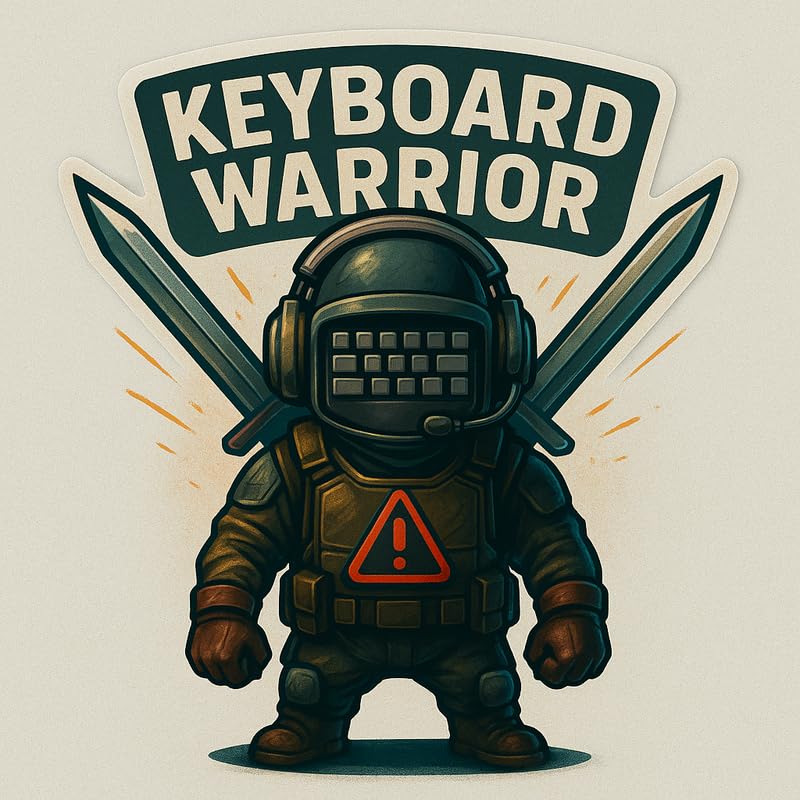 Vinyl sticker: Keyboard Warrior Laptop Wall Car Window Bumper Sticker Decal Truck Waterproof Auto Water Bottle Realistic Tactical Operator Emblem with Armor Headset Keyboard Face and Swords