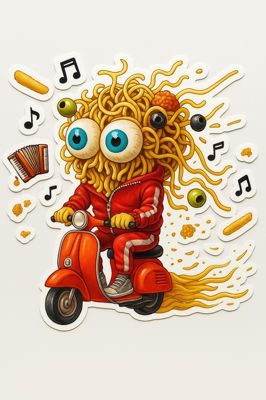 Vinyl sticker: Laptop Wall Car Window Bumper Sticker Decal Truck Waterproof Auto Water Bottle BUNGOLETTI SPAGHETTINI Noodle Head Meme Character on Scooter with Olives Meatballs and Music in Red Tracksuit