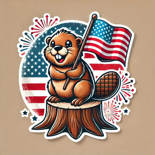 Vinyl sticker: Beaver Waving American Flag Sticker – Waterproof Vinyl Decal for Laptop, Wall, Car, Window, Bumper, Truck, and Water Bottle – Patriotic Wildlife Design