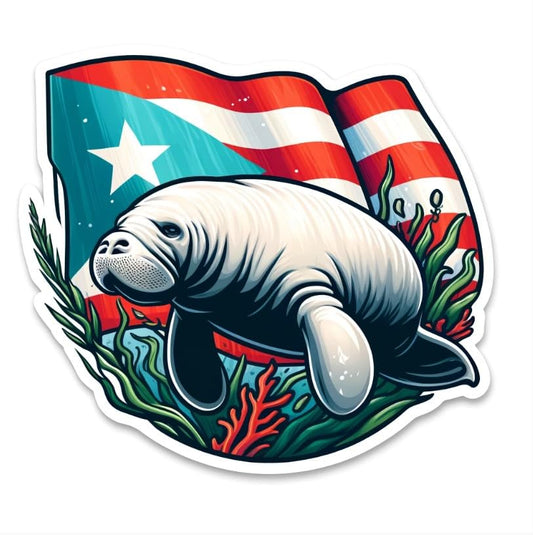 Vinyl sticker: Puerto Rican Manatee with Flag Sticker, Realistic Ocean Life Decal for Laptop, Car, Window, Bumper, Waterproof Truck, Water Bottle Decoration