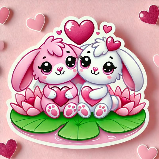 Vinyl sticker: Cute Pink Bunny Couple with Heart-Shaped Noses Valentine's Day Sticker for Car Window, Laptop, Bumper, Waterproof Decal for Truck, Auto, Water Bottle Decoration..