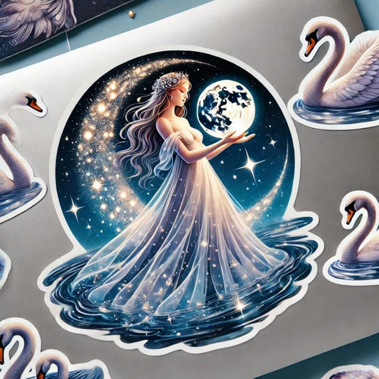 Vinyl sticker: Laptop Wall Car Window Bumper Sticker Decal Truck Waterproof Auto Water Bottle – Realistic Freyja Norse Goddess Floating in Moonlight with Stars, Orb, and Swans (4)