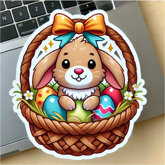 Vinyl sticker: Happy Easter Rabbit in Basket Sticker for Laptop, Wall, Car, Window, Bumper, Decal, Truck, Waterproof, Auto, Water Bottle – Cute Brown Bunny with Colorful Eggs
