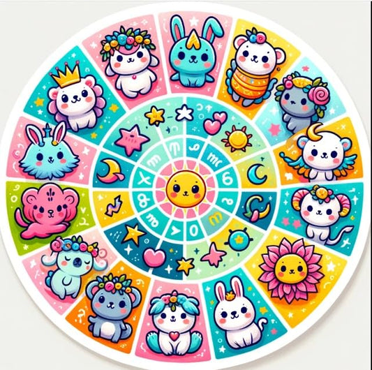 Vinyl sticker: Whimsical Zodiac Wheel Sticker – Cute Astrological Animal Decals for Laptops, Cars, and Windows
