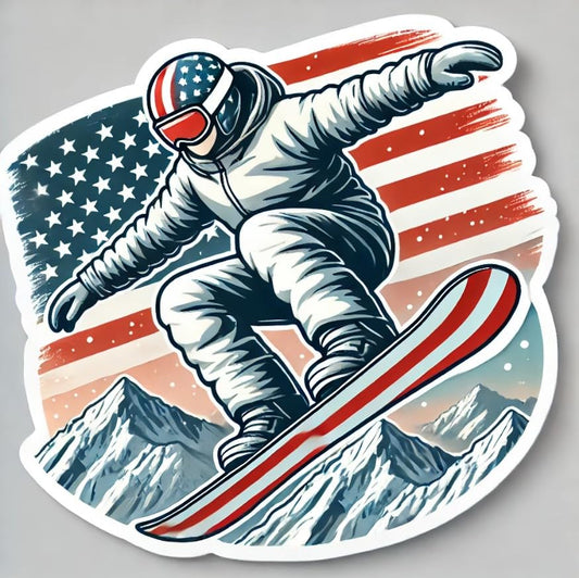 Vinyl sticker: American Snowboarder Sticker with Mountain Peaks for Laptop, Wall, Car, Window, Bumper, Decal, Truck, Auto, Water Bottle – High-Action Jump Design