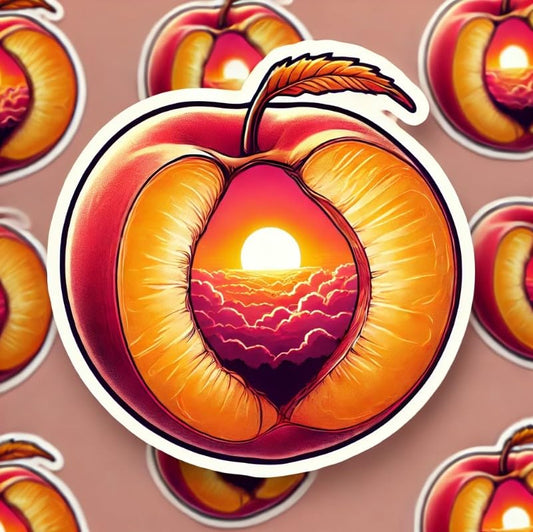 Vinyl sticker: Laptop Wall Car Window Bumper Sticker Waterproof Auto Water Bottle Decal Truck – Georgia Peach Split Open with Sunset Inside Dreamy Southern Fruit and Landscape Fusion (4)