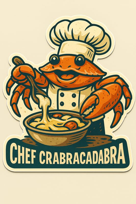 Vinyl sticker: Laptop Wall Car Window Bumper Sticker Decal Truck Waterproof Auto Water Bottle Chef CRABRACADABRA Retro Style Crab Chef Meme Cooking Pasta with Claws Funny Culinary Cartoon Vinyl Design