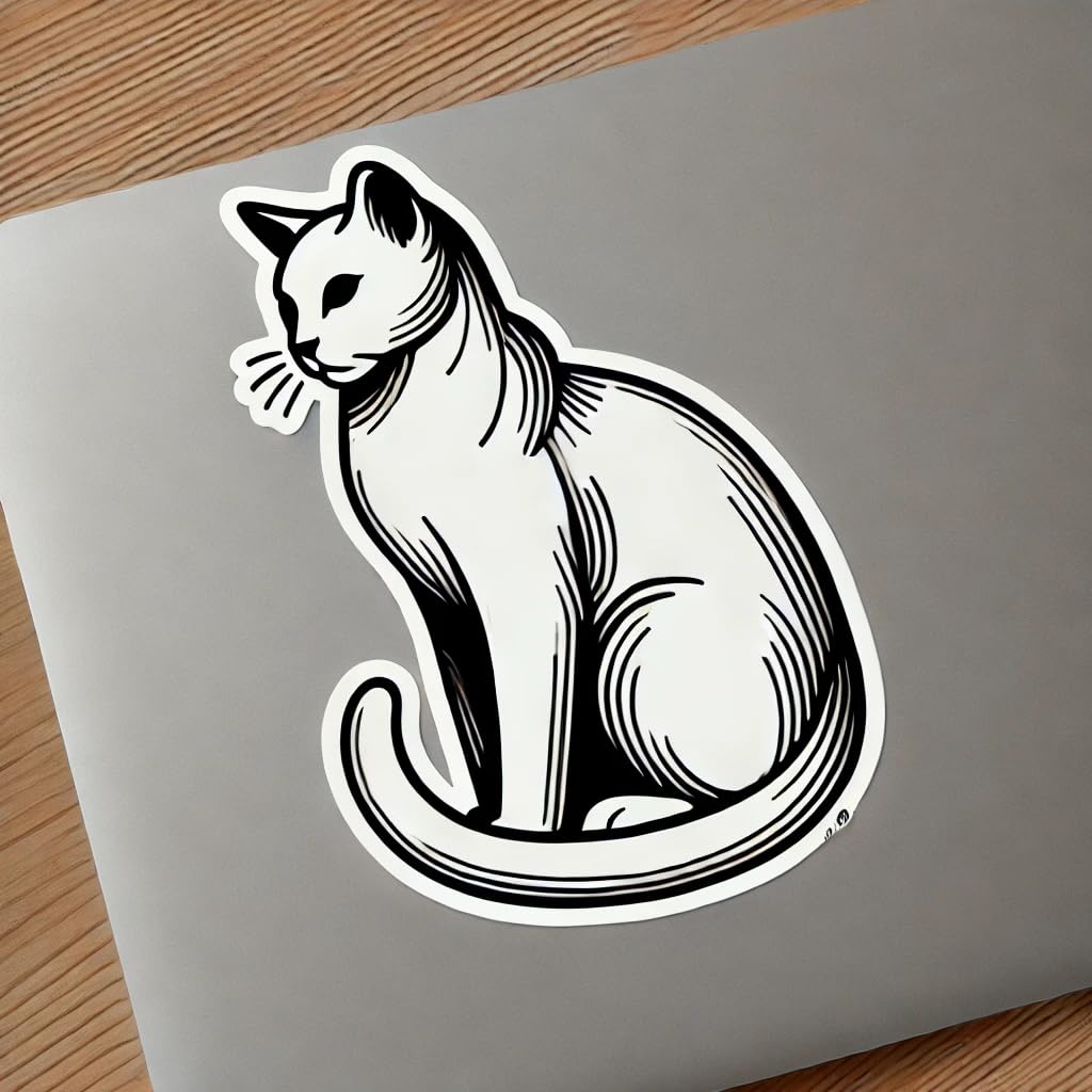 Vinyl sticker: Laptop Wall Car Window Bumper Sticker Decal Truck Waterproof Auto Water Bottle – Minimalist Cat in Black-and-White Sketch Style Design