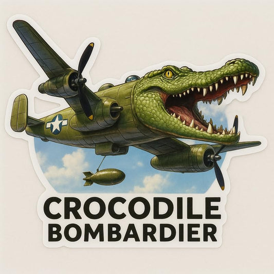 Vinyl sticker: Waterproof Crocodile Bombardier Sticker for Laptop Wall Car Window Bumper Decal Truck Auto Water Bottle – Realistic Olive WWII Reptile Plane Nose Art 4in