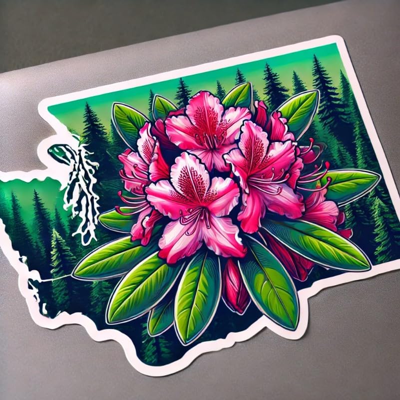 Vinyl sticker: Bigleaf Rhododendron Washington State Flower Pink Floral Laptop Wall Car Window Bumper Sticker Decal Waterproof Auto Water Bottle Scenic Evergreen Design