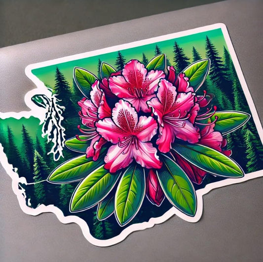 Vinyl sticker: Bigleaf Rhododendron Washington State Flower Pink Floral Laptop Wall Car Window Bumper Sticker Decal Waterproof Auto Water Bottle Scenic Evergreen Design