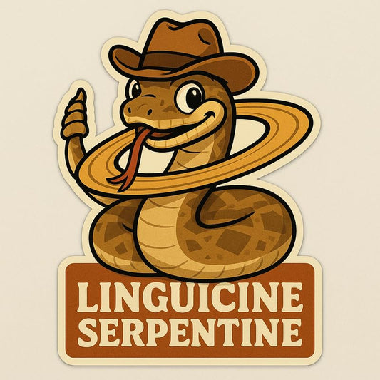 Vinyl sticker: Linguicine Serpentine Sticker – Cartoon Cowboy Snake Vinyl Decal for Laptop, Wall, Car, Window, Bumper, Water Bottle, Auto, Truck – Wild West Rattler with Saturn Ring – Waterproof – Variation 3
