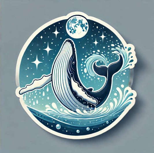 Vinyl sticker: Waterproof Car Laptop Wall Window Bumper Sticker Decal of Humpback Whale Twisting in Spiral Breach Under Moonlight with Starry Sky and Sparkles
