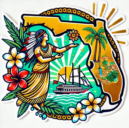 Vinyl sticker: Bold Florida State Seal Sticker for Car, Laptop, Water Bottle, and Bumper – Emblem Decal with Palm Trees and Sun Rays, Waterproof and Durable