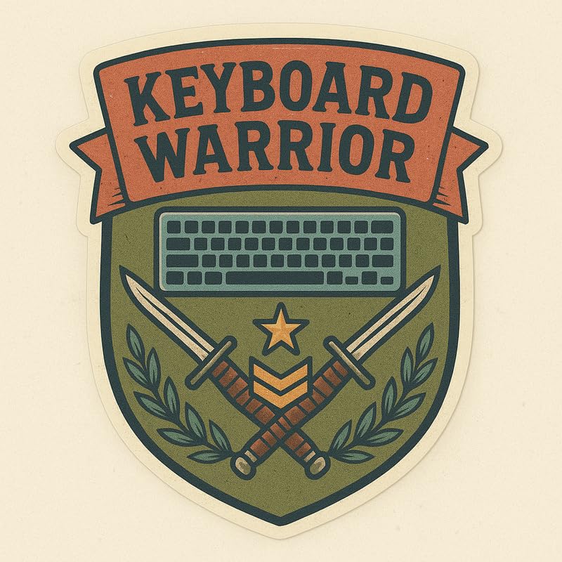Vinyl sticker: Keyboard Warrior Retro Military Laptop Wall Car Window Bumper Sticker Decal Truck Waterproof Auto Water Bottle Vintage Shield Emblem with Keyboard Bayonets Star and Laurel