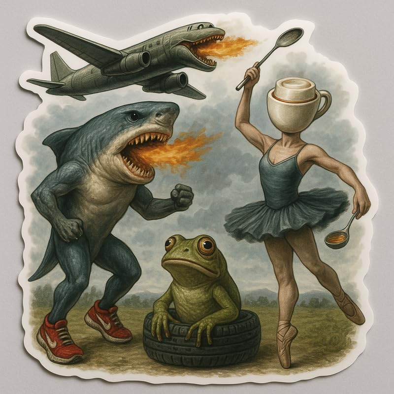 Vinyl sticker: Italian Brainrot Classic Vinyl Sticker – Waterproof Decal for Laptop, Car, Wall, Window, Truck, Auto – Surreal AI Meme Art Featuring Hybrid Shark, Frog, Crocodile Plane, and Ballerina