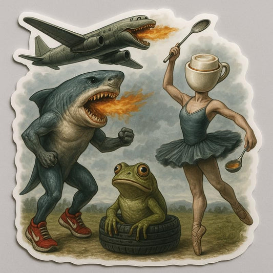 Vinyl sticker: Italian Brainrot Classic Vinyl Sticker – Waterproof Decal for Laptop, Car, Wall, Window, Truck, Auto – Surreal AI Meme Art Featuring Hybrid Shark, Frog, Crocodile Plane, and Ballerina