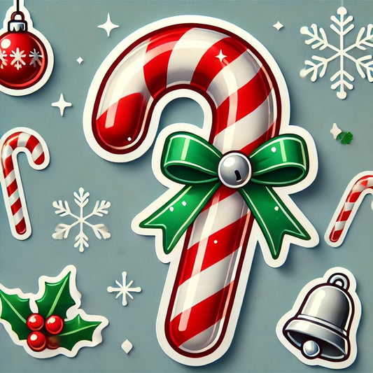 Vinyl sticker: Christmas Candy Cane Sticker for Laptop, Wall, Car, Window, Bumper – Holiday Candy with Silver Bell and Green Ribbon – Waterproof, UV Resistant for Truck, Auto, Water Bottle, and More