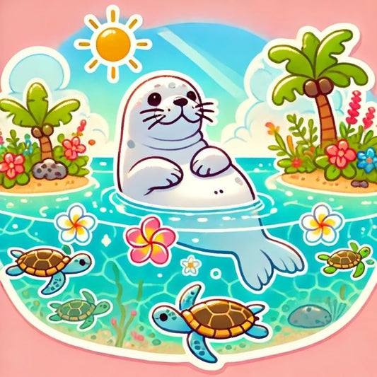 Vinyl sticker: Waterproof Window Laptop Wall Car Bumper Sticker Decal of Hawaiian Monk Seal Floating in Lagoon with Flowers, Turtles and Sun Rays