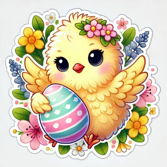 Vinyl sticker: Cute Easter Chicks Sticker for Laptop, Wall, Car, Window, Bumper, Decal, Truck, Waterproof, Auto, Water Bottle – Fluffy Baby Chick Holding Pastel Egg
