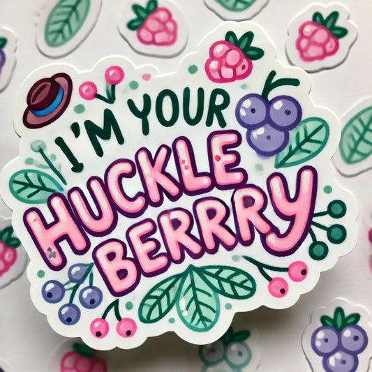 Vinyl sticker: "I'm Your Huckleberry" Sticker Decal for Laptop, Wall, Car, Window, Bumper, Waterproof Auto, and Water Bottle - Cute Cartoon Style with Berries and Leaves