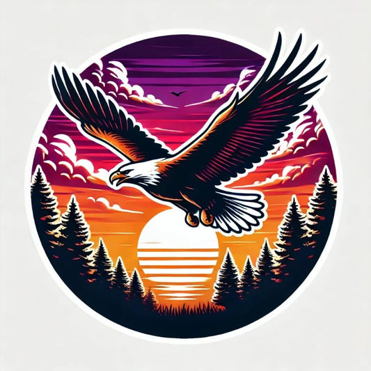 Vinyl sticker: Eagle Flying Over Forest at Sunset Decal Sticker for Laptop, Car, Wall, Window, Bumper, and Truck – Majestic Nature Design, Waterproof Vinyl Decor