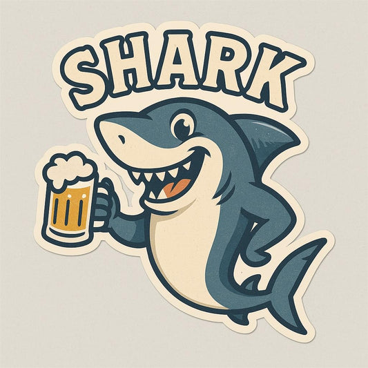 Vinyl sticker: Laptop Wall Car Window Bumper Sticker Decal Truck Waterproof Auto Water Bottle Funny Cartoon Shark with Beer Mug Party Ocean Character