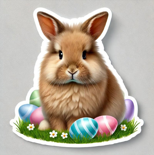 Vinyl sticker: Fluffy Brown Easter Bunny Sticker for Laptop, Wall, Car, Window, Bumper, Decal, Truck, Waterproof, Auto, Water Bottle – Cute Rabbit with Pastel Eggs