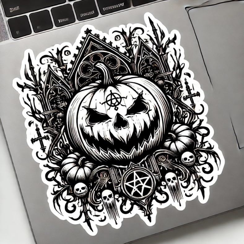 Vinyl sticker: Menacing Gothic Halloween Pumpkin Sticker for Laptop, Wall, Car, Window, Bumper, Waterproof Decal with Dark Grin, Twisted Vines, and Gothic Arches