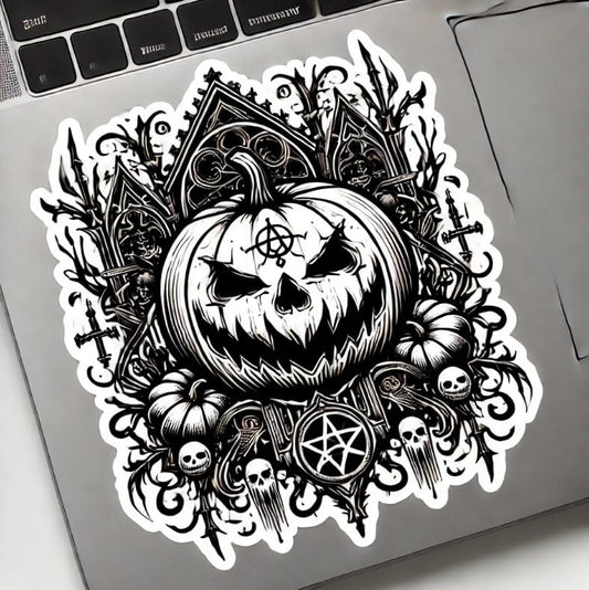 Vinyl sticker: Menacing Gothic Halloween Pumpkin Sticker for Laptop, Wall, Car, Window, Bumper, Waterproof Decal with Dark Grin, Twisted Vines, and Gothic Arches