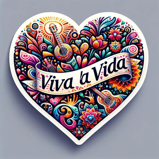 Vinyl sticker: Viva LA VIDA Mexican Heritage Guitar Sun Heart Lifestyle Sticker Frida Kahlo Inspired Multicolor Waterproof Vinyl Decals in Diverse Shapes for Laptops Cars Bottles