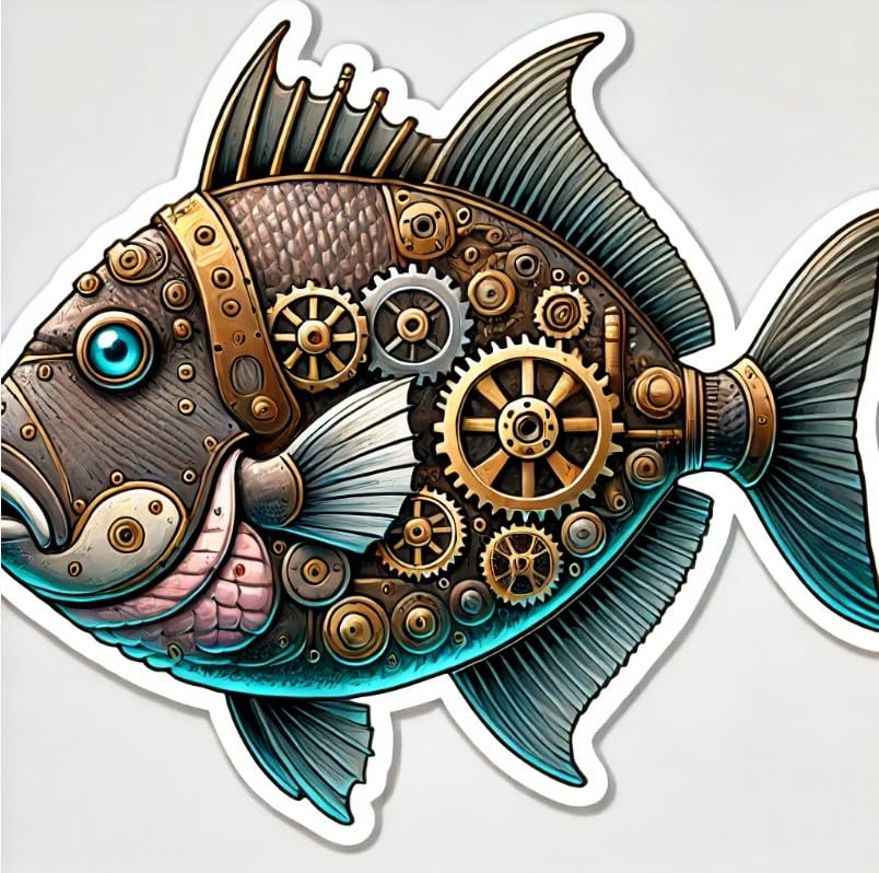 Vinyl sticker: Laptop Wall Car Window Bumper Sticker Decal Truck Waterproof Auto Water Bottle – Steampunk Undulated Triggerfish with Brass Gears and Mechanical Tail Fin