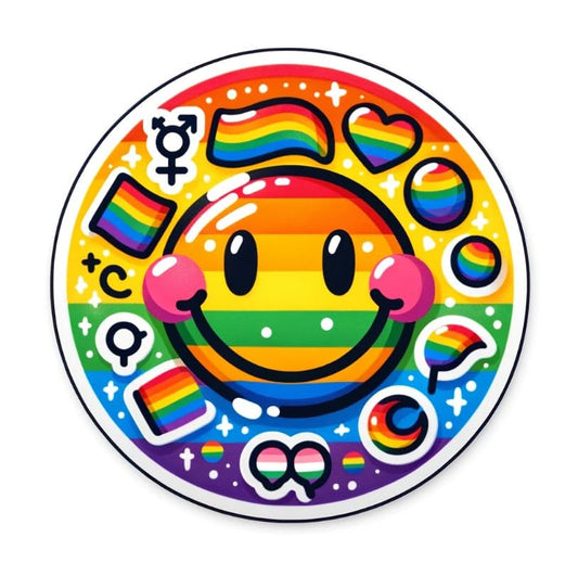Vinyl sticker: Rainbow Smiley Face LGBTQ+ Pride Sticker Decal for Laptop, Wall, Car, Window, Bumper, Waterproof, Truck, Water Bottle