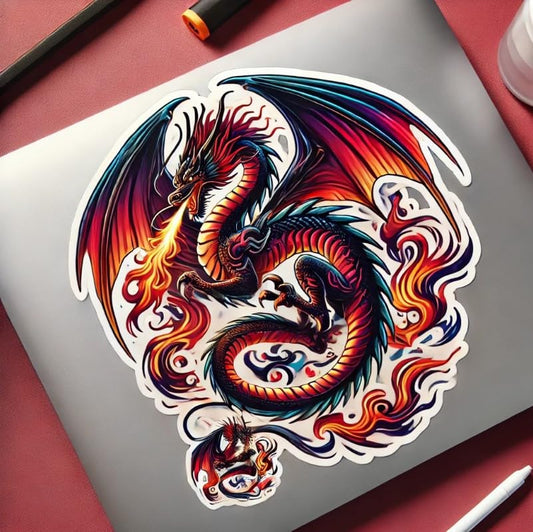 Vinyl sticker: Dragon Car, Laptop, Wall, Window, Bumper Sticker – Fiery Dragon with Glowing Eyes and Flames, Waterproof Decal for Auto, Water Bottles, and Trucks