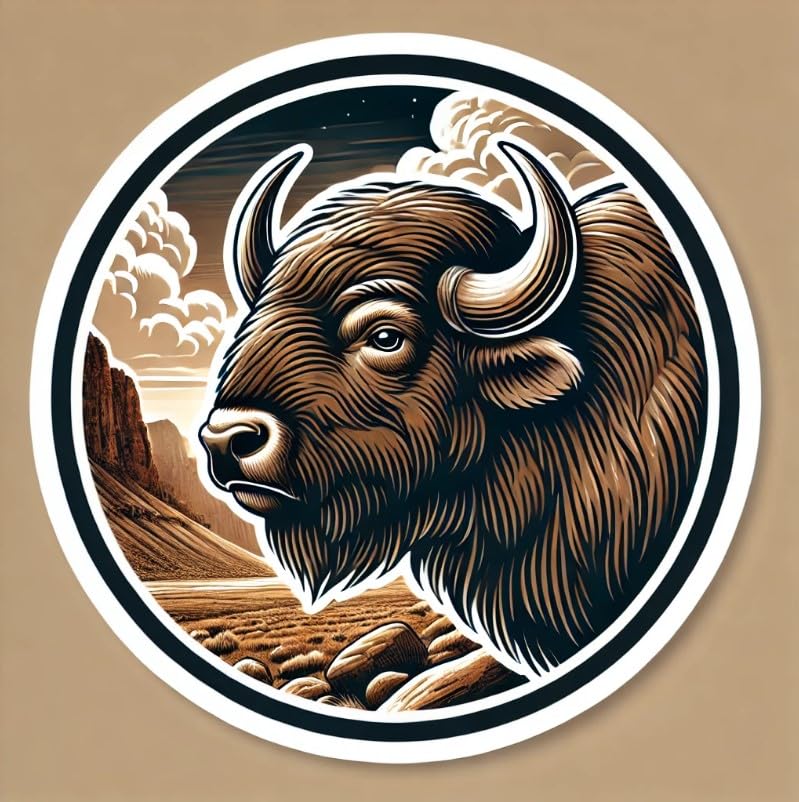Vinyl sticker: Buffalo in Rocky Landscape Circular Sticker for Laptop, Car, Wall, Bumper, Window, Truck, Waterproof Vinyl Decal for Water Bottle (6)