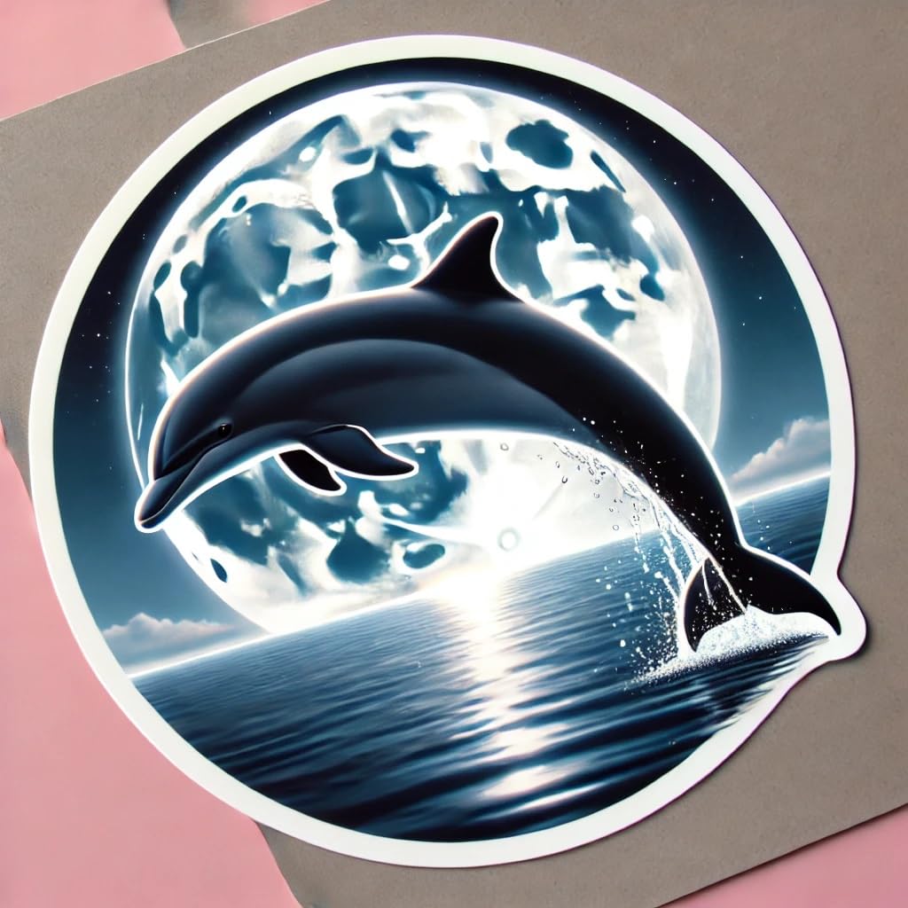 Vinyl sticker: Laptop Wall Car Window Bumper Sticker Decal Truck Waterproof Auto Water Bottle – Realistic Dolphin Silhouette Breaching in Front of Full Moon Over Calm Ocean with Night Reflection