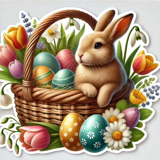 Vinyl sticker: Easter Basket with Realistic Rabbit Laptop Wall Car Window Bumper Sticker Decal Truck Waterproof Auto Water Bottle – Lifelike Bunny & Vibrant Spring Flowers