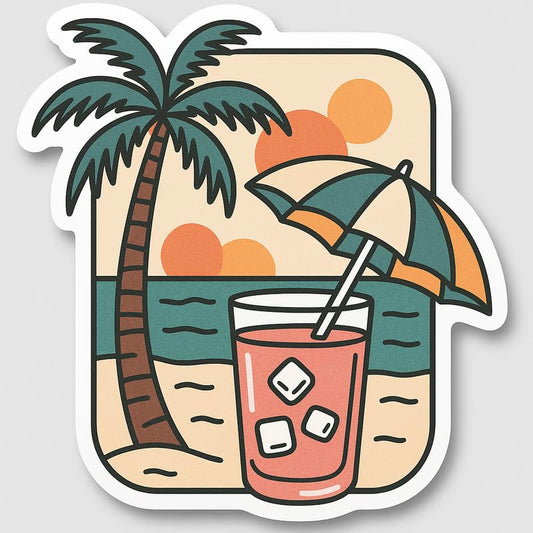 Vinyl sticker: Retro Beach Drink Sticker – Waterproof Vinyl Decal for Laptop, Wall, Car, Window, Auto, Bumper, Water Bottle, Truck – Pink Tropical Cocktail with Sunset and Palm Art – Variation 4