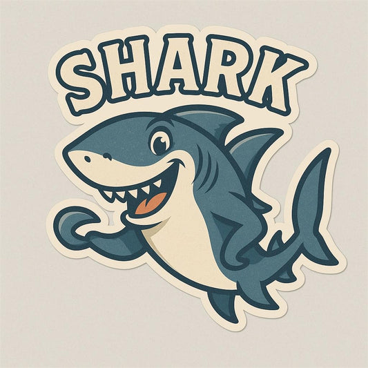 Vinyl sticker: Laptop Wall Car Window Bumper Sticker Decal Truck Waterproof Auto Water Bottle Happy Cartoon Shark Waving Cheerful Retro Marine Character